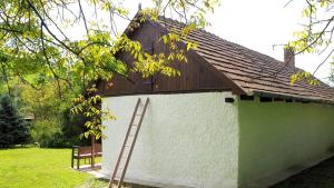 a ladder next to a white building with a wooden roof at Van egy ház in Erdőhorváti