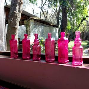 eine Gruppe rosa Glasflaschen auf einem Felsvorsprung in der Unterkunft Cabaña - El Bamboo Eventos in Arturo SeguÃ­