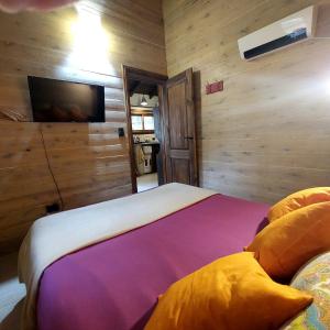 Schlafzimmer mit einem Bett und einem Flachbild-TV in der Unterkunft Cabaña - El Bamboo Eventos in Arturo SeguÃ­