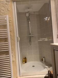 a bathroom with a shower and a tub in a bathroom at La Jas, demeure climatisée au charme gardois. in Nages-et-Solorgues