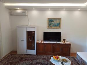 a living room with a flat screen tv and a table at Accommodation Vlaovic , free parking place and Wi&fi in Sutorina