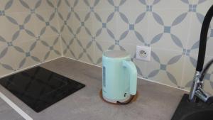 a small blue appliance in a corner of a bathroom at les 2 dauphins in Le Barcarès