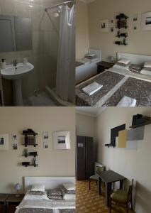 uma casa de banho com 2 camas, um lavatório e um chuveiro em Aloft House em Kutaisi