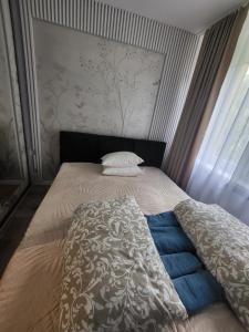 una camera da letto con un letto con una coperta e una finestra di Apartament Gold Centrum a Zabrze