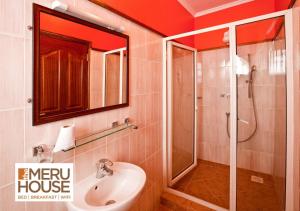 a bathroom with a shower and a sink and a toilet at The Meru House in Nkubu