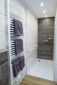 a bathroom with a glass shower stall with towels at Ferienwohnung am Bacherl in Surberg