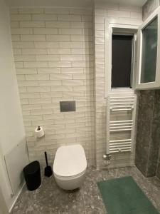 a white bathroom with a toilet and a window at Piraeus cozy appartment rental in Piraeus