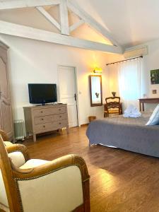 sypialnia z łóżkiem i komodą z telewizorem w obiekcie La Bastide Du Bois Breant w mieście Maubec