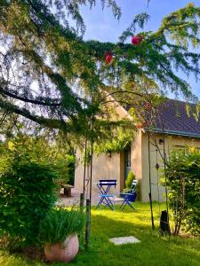 a house with a blue picnic table in the yard at GSand Le Clos du May in Le Poinçonnet