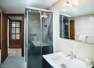 a bathroom with a glass shower and a sink at Apartamento Centro Granada in Granada