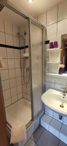 y baño con ducha y lavamanos. en Wirtshaus Neuenkirchen, en Neuenkirchen auf Rugen