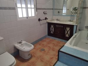 casa señorial Sara في Trigueros: حمام مع مرحاض ومغسلة وحوض استحمام