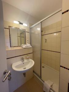 a bathroom with a sink and a shower at Hotel Restaurant Steinhägerquelle in Steinhagen
