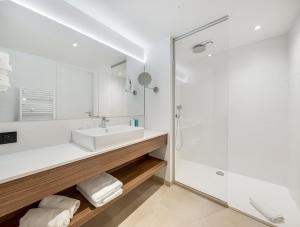 La salle de bains est pourvue d'un lavabo et d'une douche. dans l'établissement Dune Hotel Nieuwpoort, à Nieuport