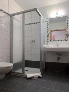 a bathroom with a shower and a toilet and a sink at Hotel Restaurant Steinhägerquelle in Steinhagen
