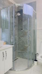 y baño con ducha y puerta de cristal. en La Mer Old City Hotel en Estambul