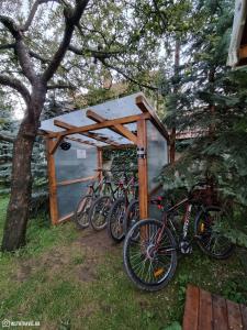 a group of bikes parked under a wooden structure at Valea Doftanei Glamping in Teşila