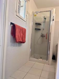 La salle de bains est pourvue d'une cabine de douche en verre. dans l'établissement Joli studio tout confort proche toutes commodités, à LʼÎle-Rousse