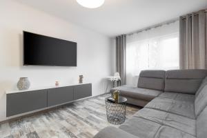 Il comprend un salon doté d'un canapé et d'une télévision à écran plat. dans l'établissement Decebal Flat, à Oradea