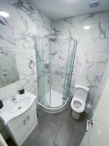 y baño con ducha, aseo y lavamanos. en Stylish 1 Bedroom Flat in wood Green, en Londres