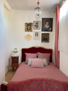um quarto com uma cama rosa com fotografias na parede em Relax & Jacuzzi proche cité de Carcassonne em Pennautier