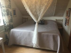 1 dormitorio con 1 cama con mosquitera en Bo nära strand och city., en Västra Frölunda