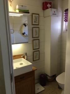 a bathroom with a sink and a mirror and a toilet at Bo nära strand och city. in Västra Frölunda +29 photos