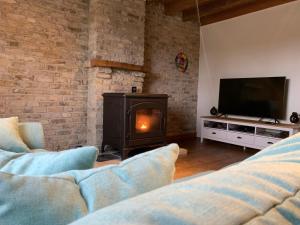 ein Wohnzimmer mit einem Kamin und einem TV in der Unterkunft De Scheure, charmant vakantiehuisje midden in de natuur in Alveringem