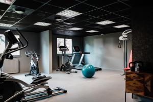 a gym with exercise equipment and a blue ball at Les Jardins de Deauville in Saint-Martin-aux-Chartrains