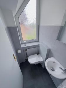 a bathroom with a toilet and a sink and a window at Ruhiges Juwel: frisch renoviert 100 qm in Jülich
