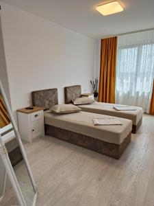 a bedroom with two beds and a ladder in it at Apartament Genius 2 in Ploieşti