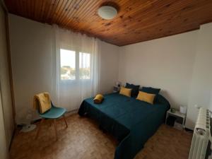 ein Schlafzimmer mit einem grünen Bett und einem Stuhl in der Unterkunft Une Maison à la Mer - Proche de la marina in Saint-Cyprien