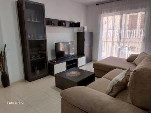 sala de estar con sofá y TV de pantalla plana en Alojamiento turistico Ribagorza, en El Lligallo del Gànguil