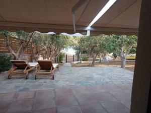 un patio con 2 sillas, una mesa y árboles en Nostalgia Guesthouse, en Skoutari