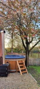 a hot tub and a grill next to a tree at De Dommelhoeve in Peer