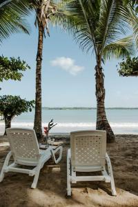 two chairs and palm trees on a beach at CherryTree Bungalow of Villa Paraiso / Beachfront in Big Creek