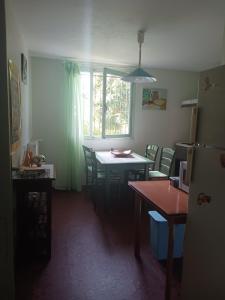 a kitchen with a table and chairs and a window at Appart Rez de Jardin Chez Anne in Vernet-les-Bains