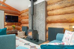 a living room with a fireplace and wooden walls at Frankaborough Lodge in Virginstow