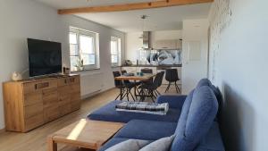 a living room with a blue couch and a kitchen at Schnetter Hummel, Apartment 1 in Masserberg