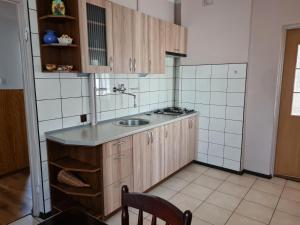 una cocina con armarios de madera y fregadero en Gospodarstwo Agroturystyczne Julia, en Czeremcha