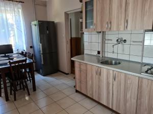a kitchen with a sink and a table and a refrigerator at Gospodarstwo Agroturystyczne Julia in Czeremcha +40 photos