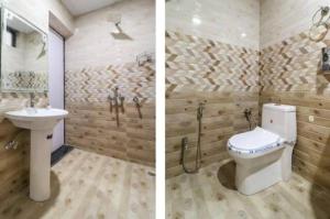 Duas fotografias de uma casa de banho com WC e lavatório. em Hotel Silk Inn Luxury At No Cost em Lucknow