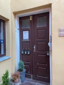 a brown door of a building with two potted plants at Apartmany u Synagogy in Třebíč