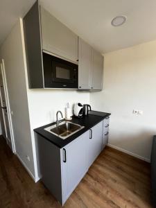 a kitchen with a sink and a microwave at City Center Studio - 418 in Klaipėda
