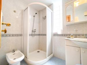 a bathroom with a shower and a toilet and a sink at Vivienda Turística Los Leones in Berlanga de Duero +56 photos