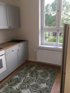 a kitchen with a zebra rug on the floor at Gemütliche Ferienwohnung für 3 Personen im Schloss Kastorf in Knorrendorf