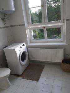 a washing machine in a bathroom with a window at Gemütliche Ferienwohnung für 3 Personen im Schloss Kastorf in Knorrendorf