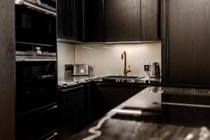 a black kitchen with a sink and a stove at Altstadt Apartments in Friedrichstadt