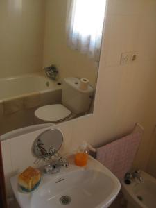 a bathroom with a sink and a toilet and a mirror at Casa Enriu-Alojamiento y desayuno in Vilaller