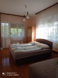 a bedroom with two beds and two windows at Mátyás király Apartman in Vonyarcvashegy